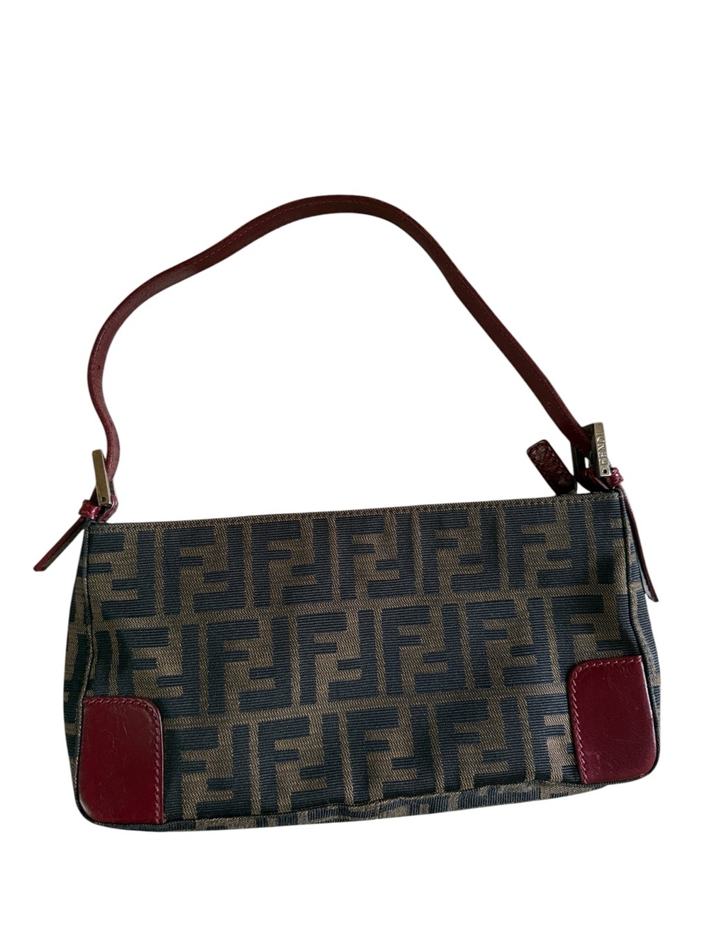 Fendi Zucca FF Monogram Pochette Canvas & Leather Burgundy Shoulder Baguette Bag - Picture 4 of 8